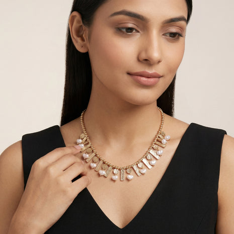 Gold-Plated Brass Handcrafted Pearl And Stone-Studded Fringe Necklace