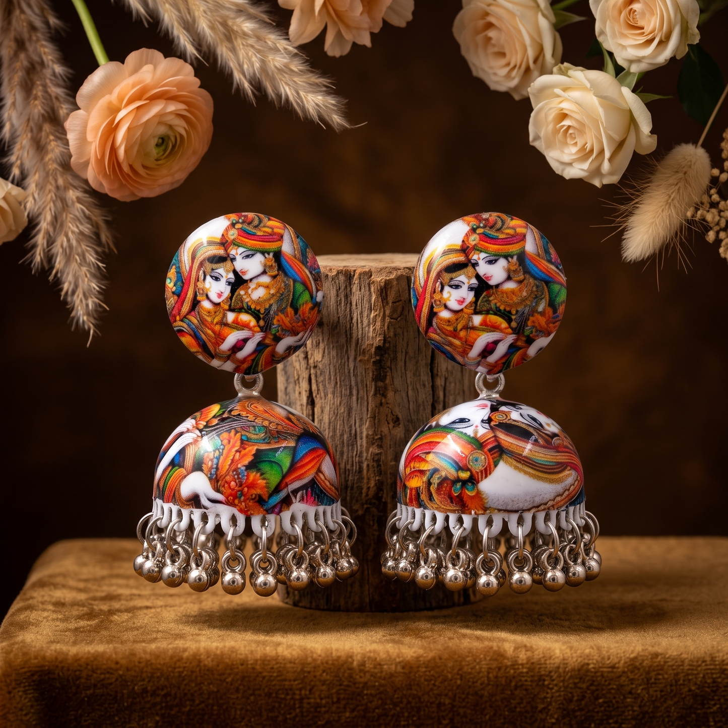Silver Toned Brass Radha Krishna Print Jhumka Earrings