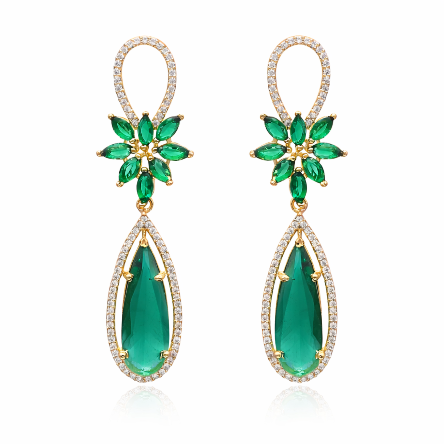 Exquisite Emerald Green CZ Petal Drop Earrings