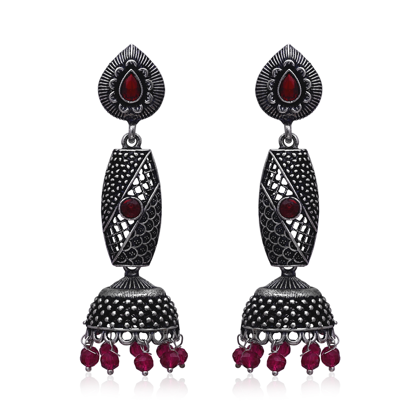 Long Maroon Stone Jhumka Earrings