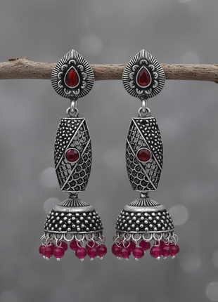 Long Maroon Stone Jhumka Earrings By 2wist Designs