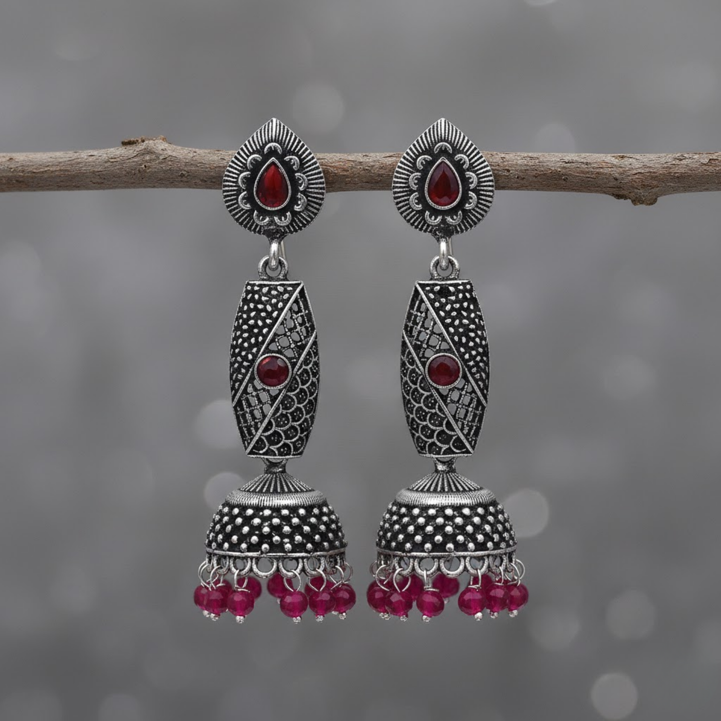 Long Maroon Stone Jhumka Earrings