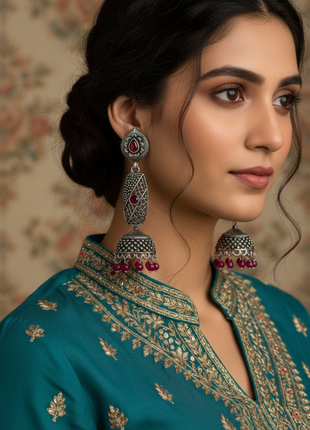 Long Maroon Stone Jhumka Earrings By 2wist Designs