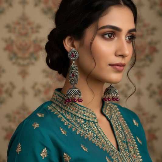 Long Maroon Stone Jhumka Earrings