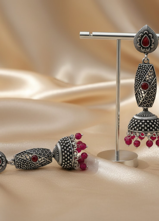 Long Maroon Stone Jhumka Earrings By 2wist Designs