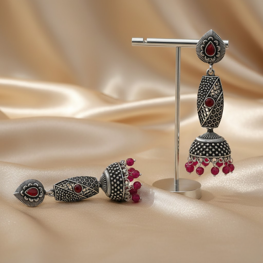 Long Maroon Stone Jhumka Earrings