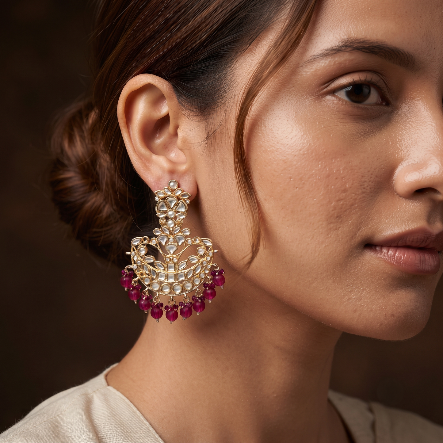 Dark Pink Chandbali Jhumka Earrings