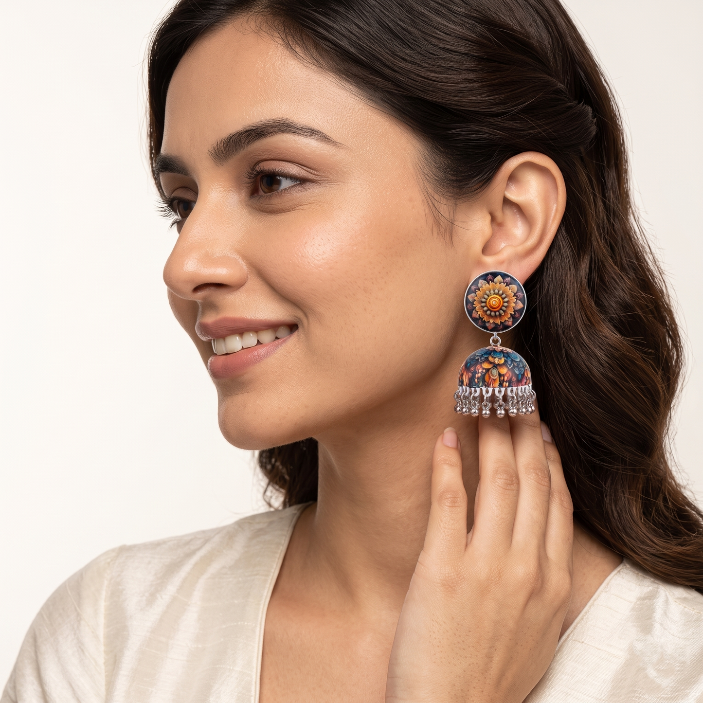 Silver Toned Brass Floral Mandala Print Jhumka Earrings