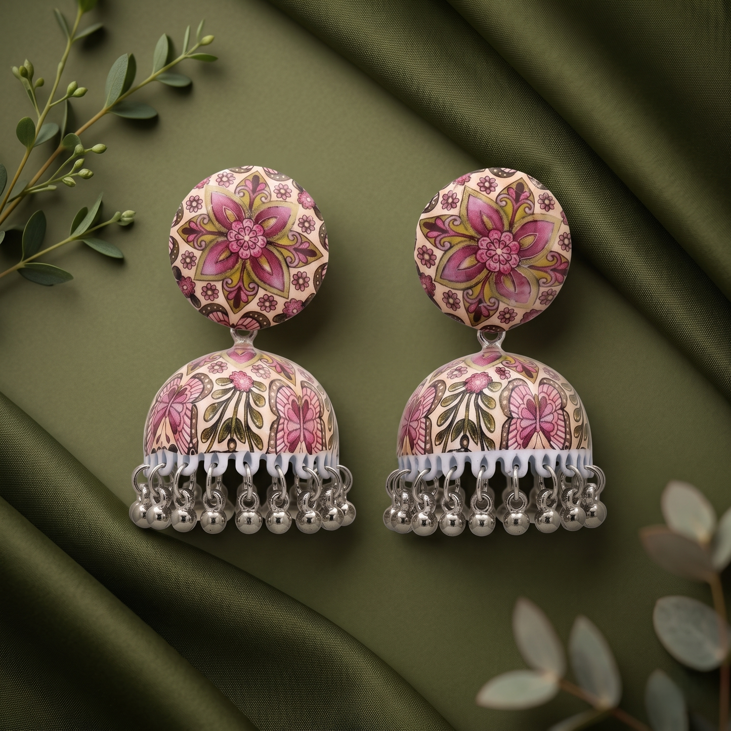 Silver Toned Brass Pink Floral Mandala Print Jhumka Earrings
