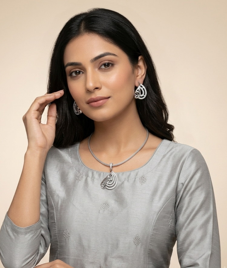 Elegant Leaf-Motif Floral Stone Pendant Set