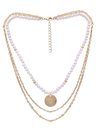 Gold-Plated Brass Triple-Layered Pearl And Textured Coin Necklace