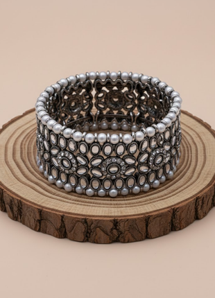 White Stone Pearl Oxidized Cuff Bracelet By 2wist Designs