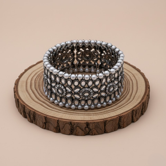 White Stone Pearl Oxidized Cuff Bracelet