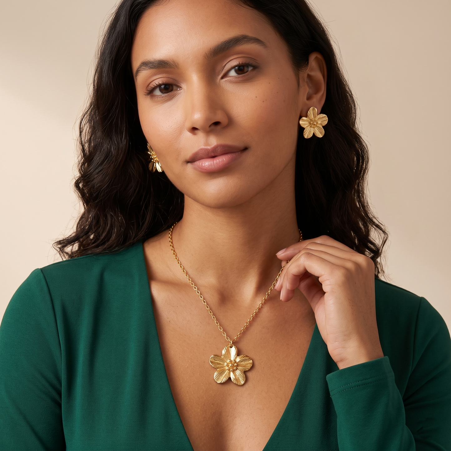 Gold Toned Brass Flower Necklace, Earrings And Ring Set
