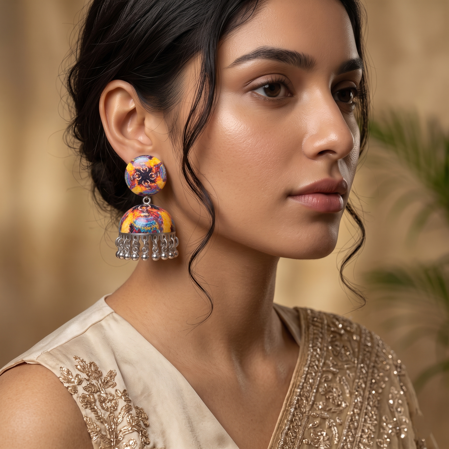 Silver Toned Brass Tribal Print Jhumka Earrings