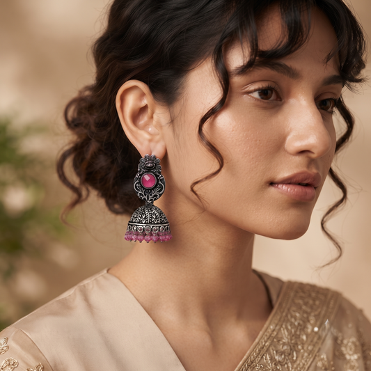 Pink Stone Dangle Jhumka Earrings