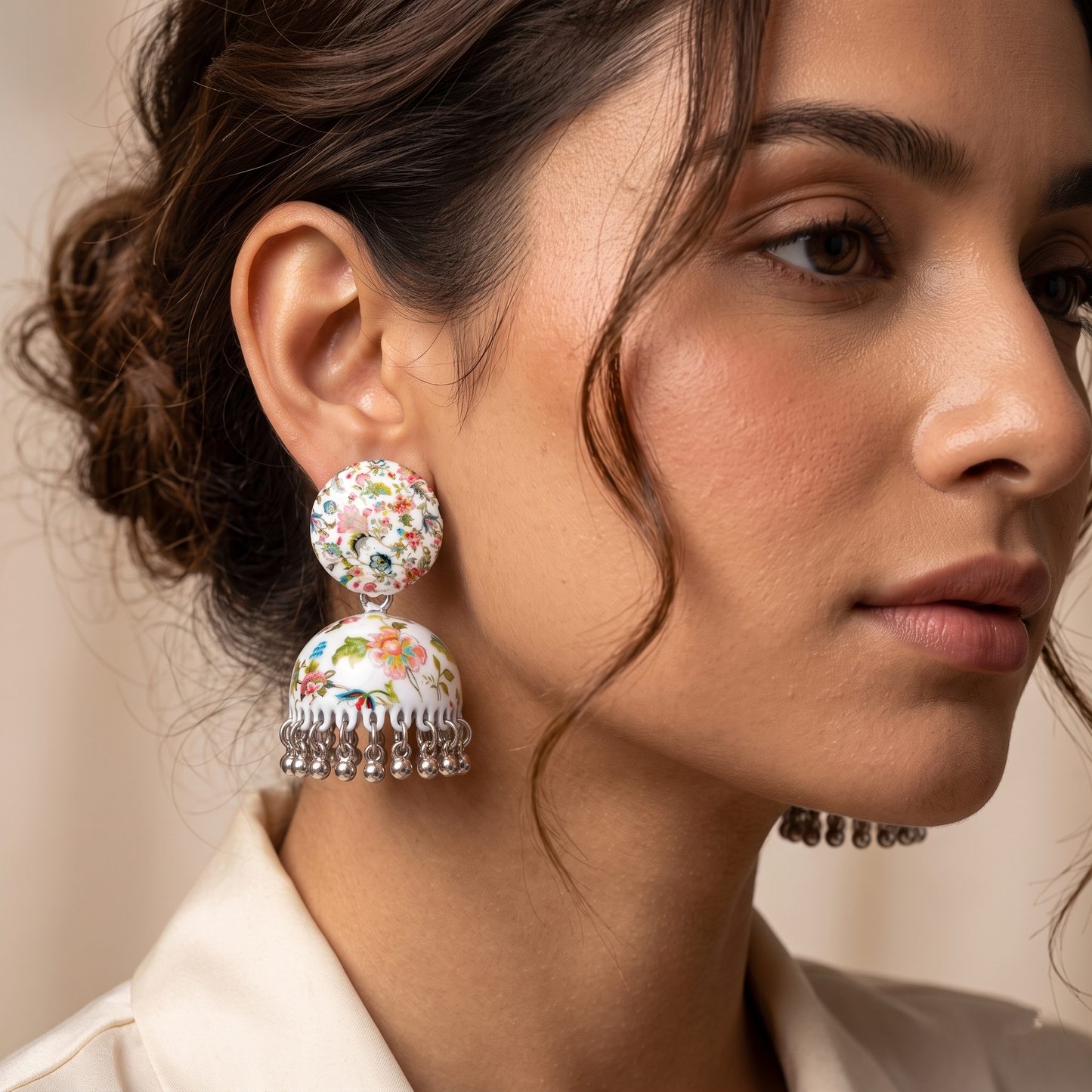 Silver Toned Brass Floral Print Jhumka Earrings