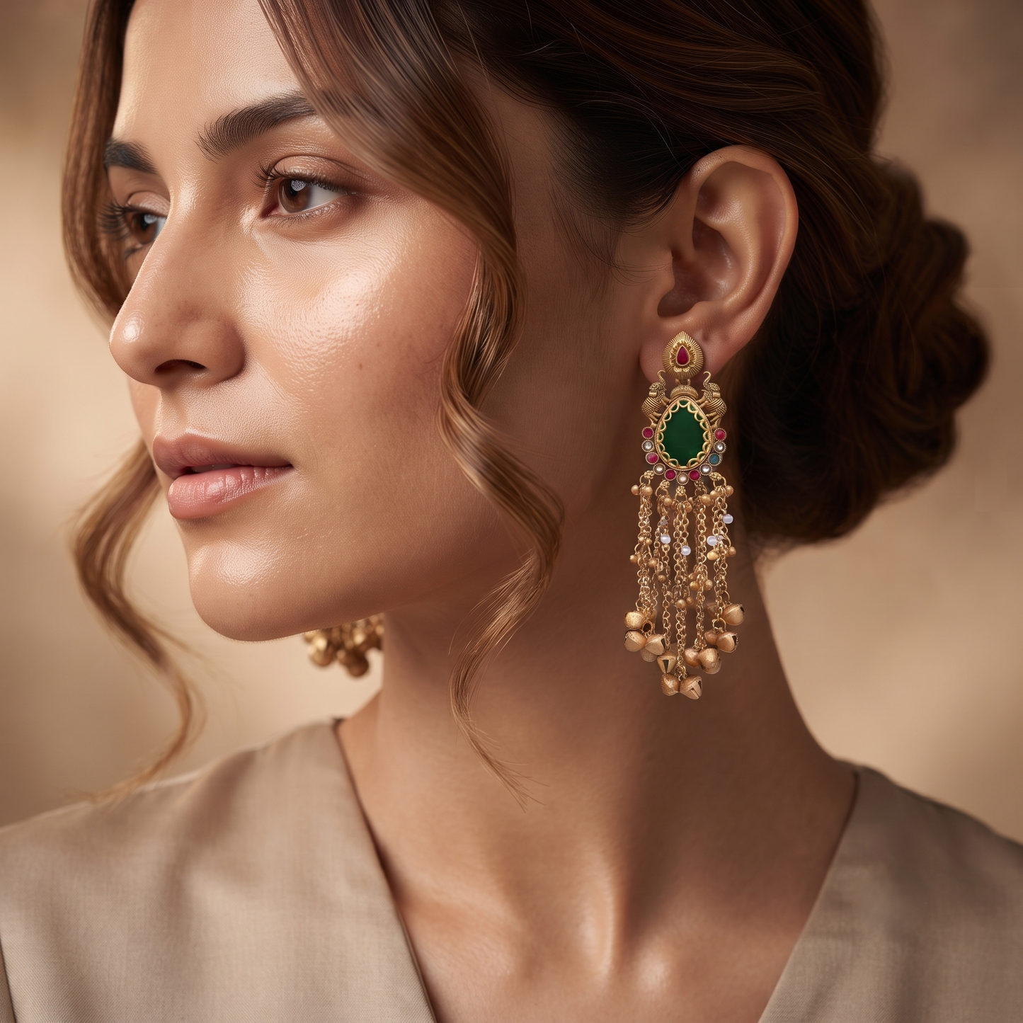 Long Green Maroon Stone Jhumka