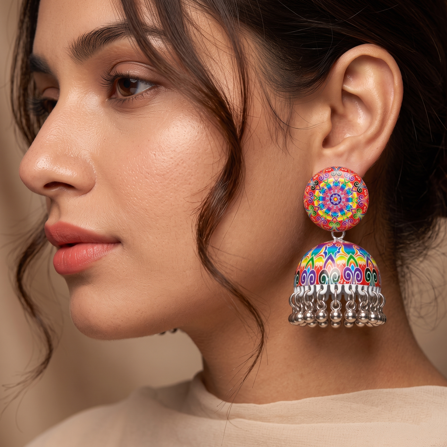 Silver Toned Brass Rainbow Mandala Print Jhumka Earrings