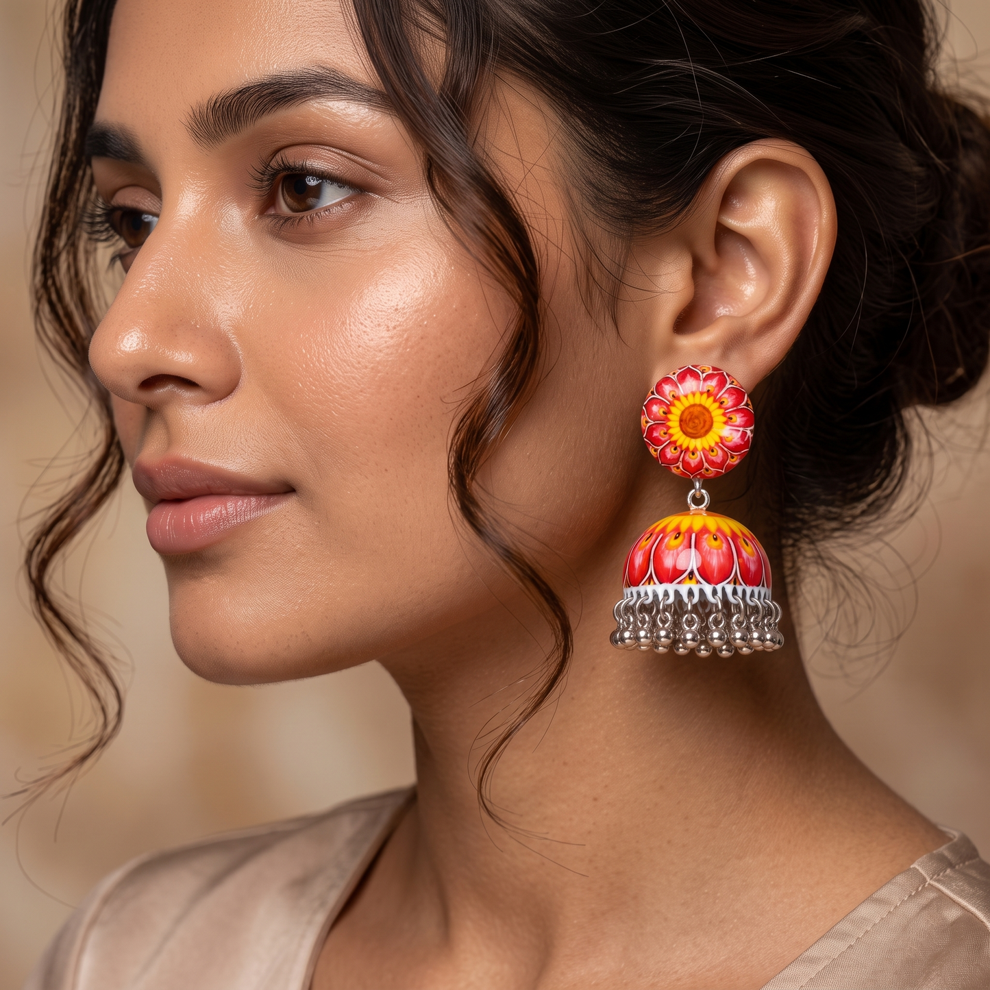 Silver Toned Brass Sunflower Print Jhumka Earrings
