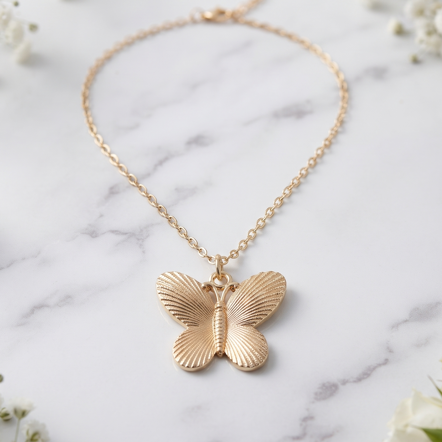 Gold Plated Brass Layered Butterfly Pendant Necklace
