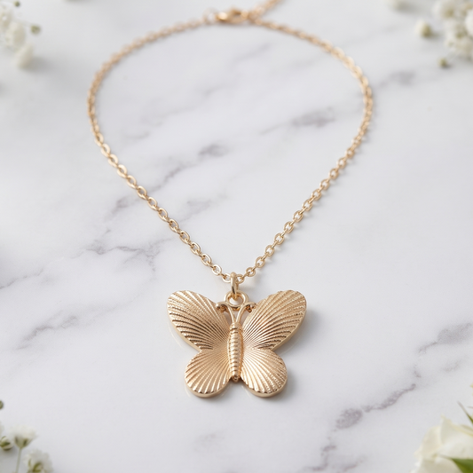 Gold Plated Brass Layered Butterfly Pendant Necklace