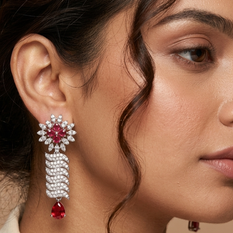 Elegant Silver-Tone Ruby Floral Necklace and Earring Set