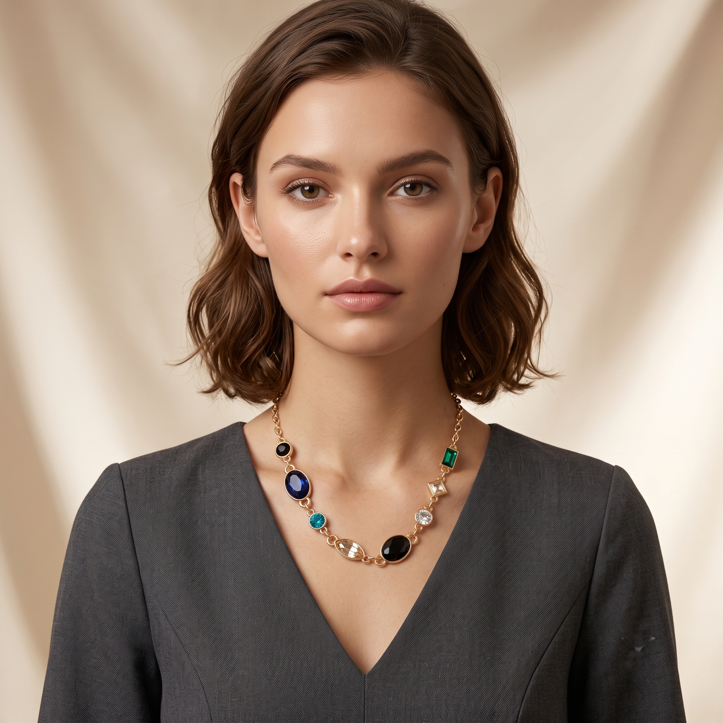Gold Plated Brass Colorful Gem Pendant Necklace