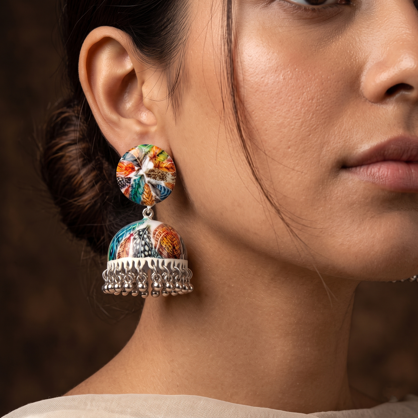 Silver Toned Brass Abstract Print Jhumka Earrings