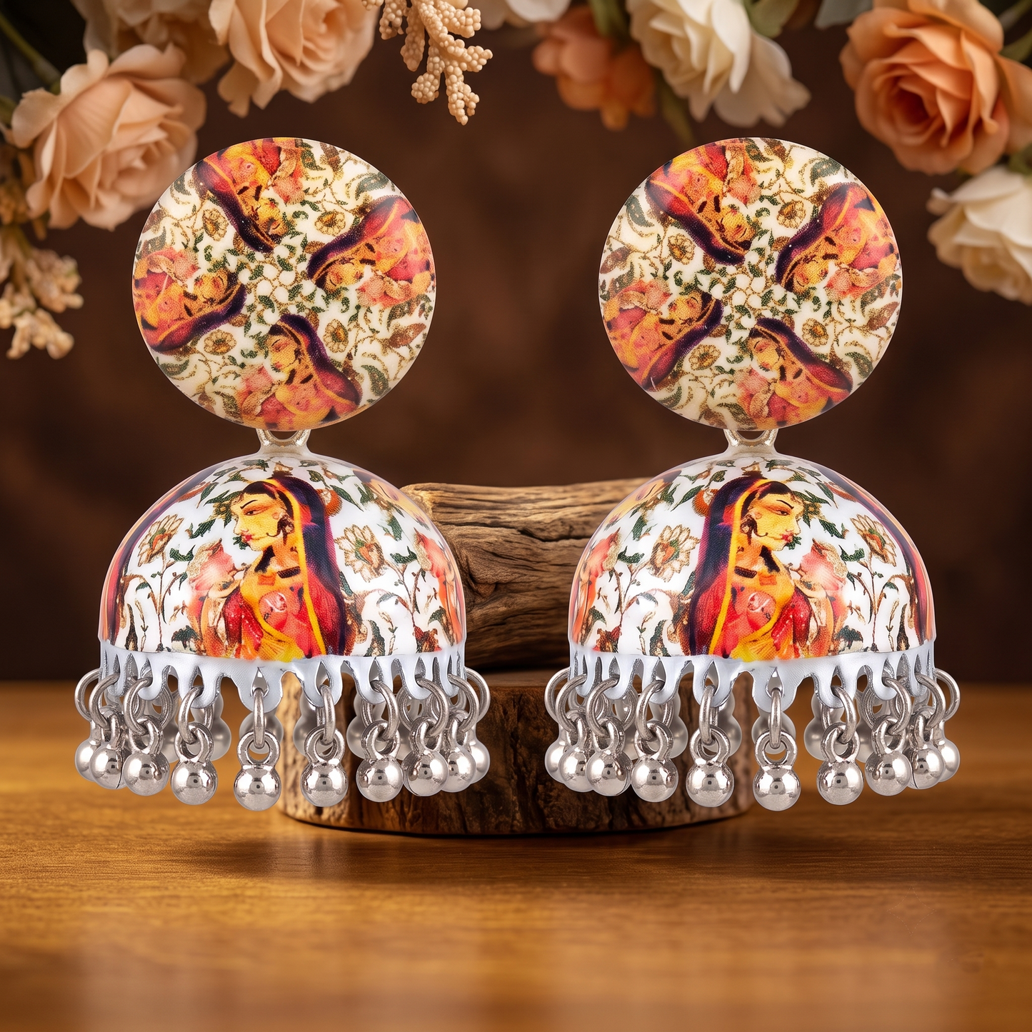 Silver Toned Brass Orange Floral Print Jhumka Earrings