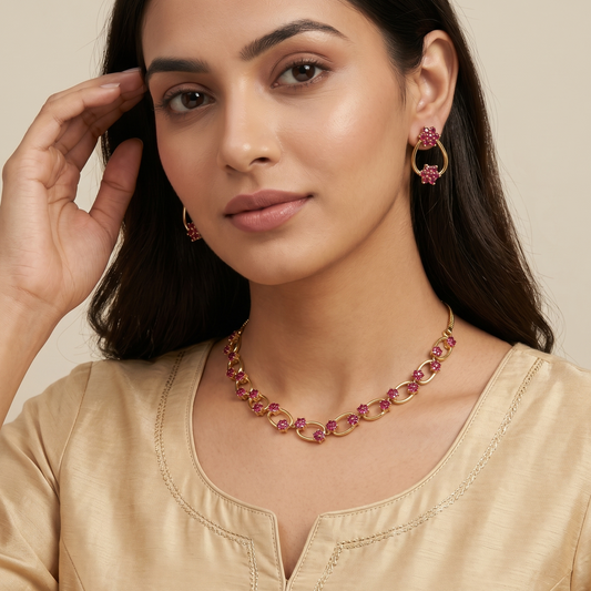Gold-Tone Oval Link and Floral Ruby Stone Necklace Set