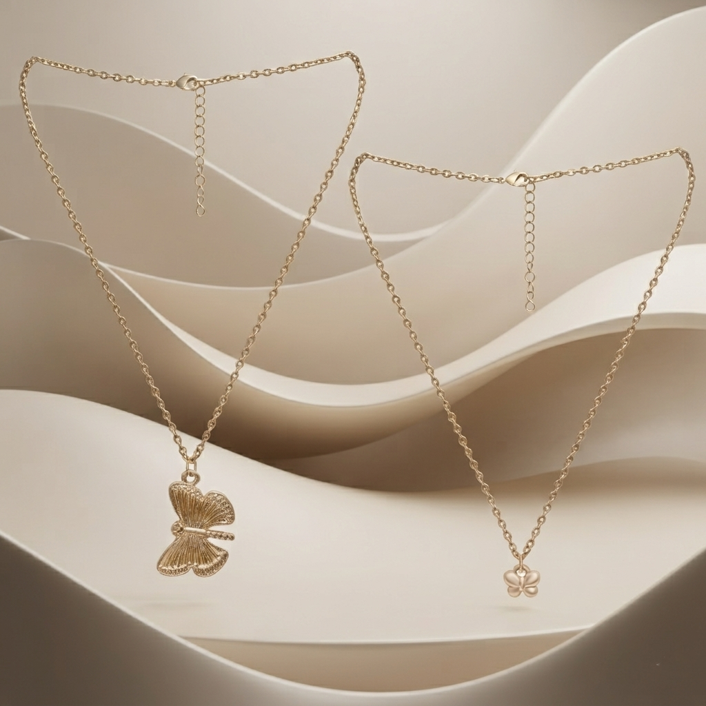 Gold Plated Brass Layered Butterfly Pendant Necklace