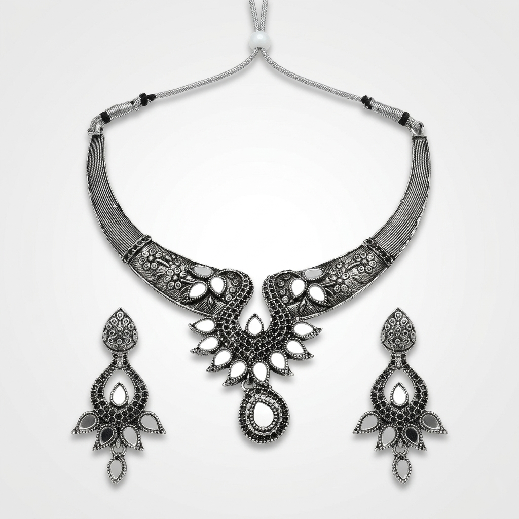 Oxidized Alloy Metal Statement Necklace Set with Matching Earrings With Maang Tikha