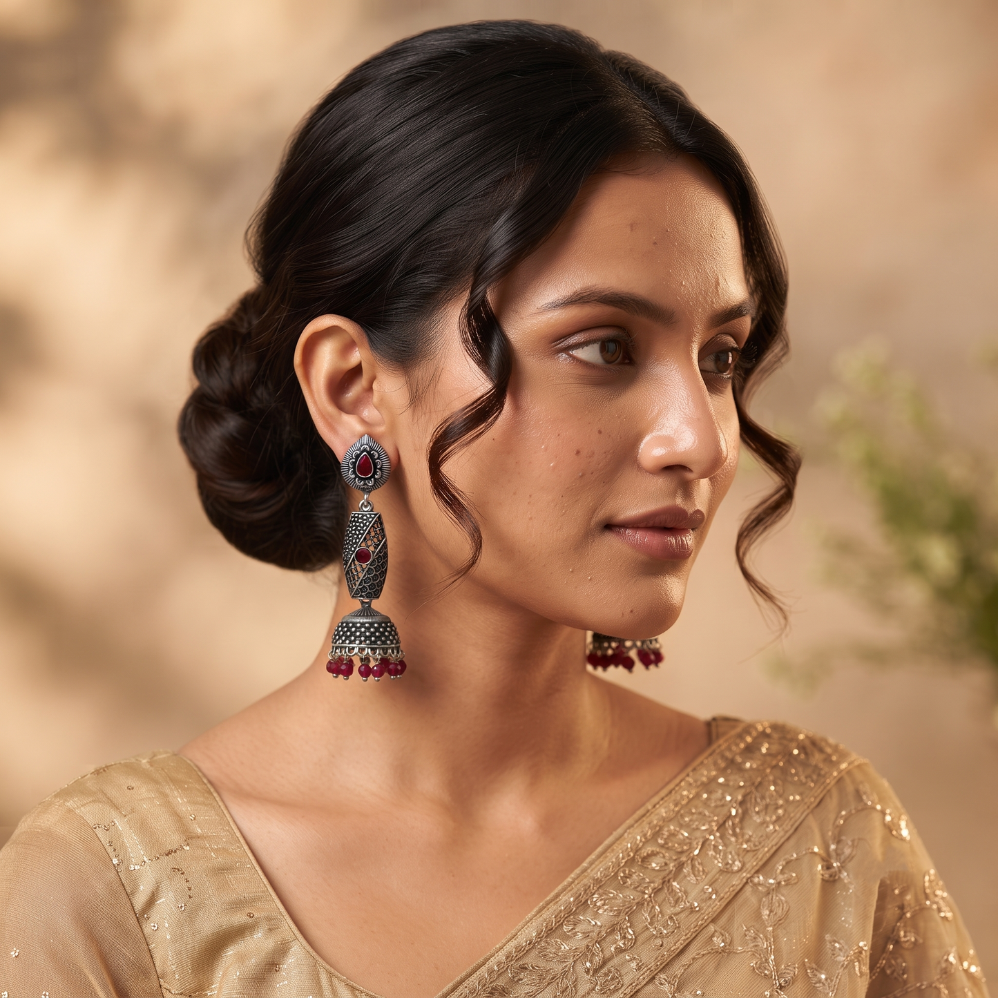 Long Maroon Stone Jhumka Earrings