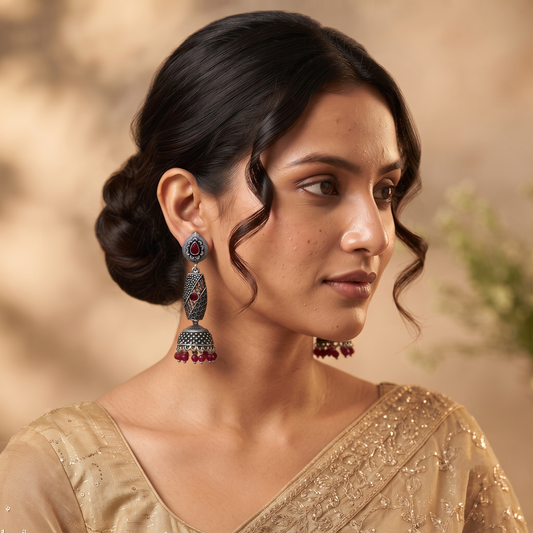 Long Maroon Stone Jhumka Earrings