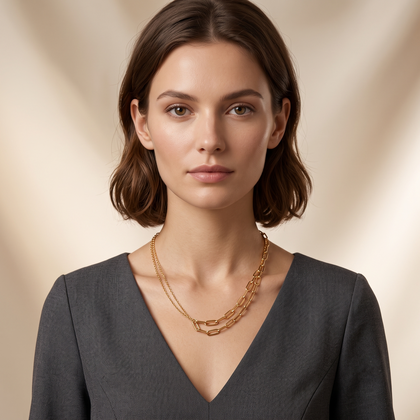 Gold Plated Brass Layered Paperclip Chain Necklace