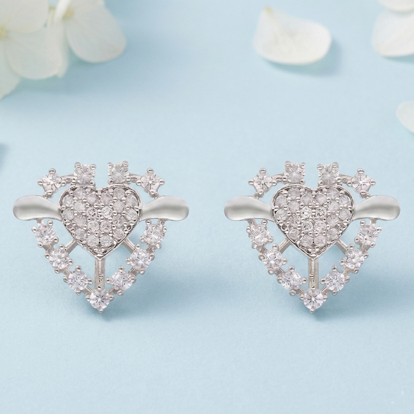 Silver-Tone Winged Heart Stone Stud Earrings