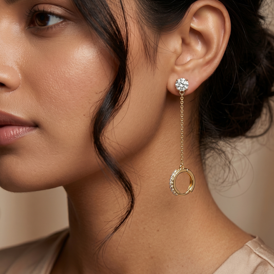 Gold-Tone Solitaire Stud and Ring Long Drop Earrings
