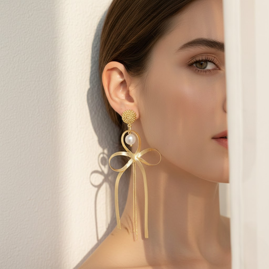 Bow Pearl Charm Dangle Earrings