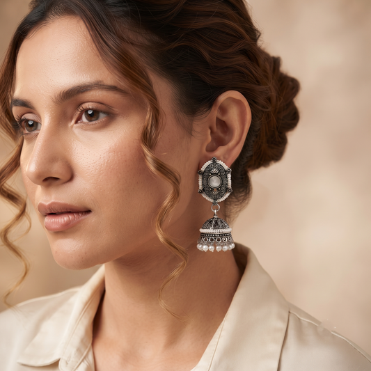 White Stone Pearl Jhumka Earrings