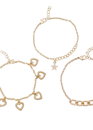 Gold Toned Brass Star And Heart Charm Bracelet Set Of 3