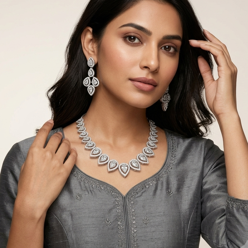 Elegant Silver-Tone Teardrop Stone Necklace Set