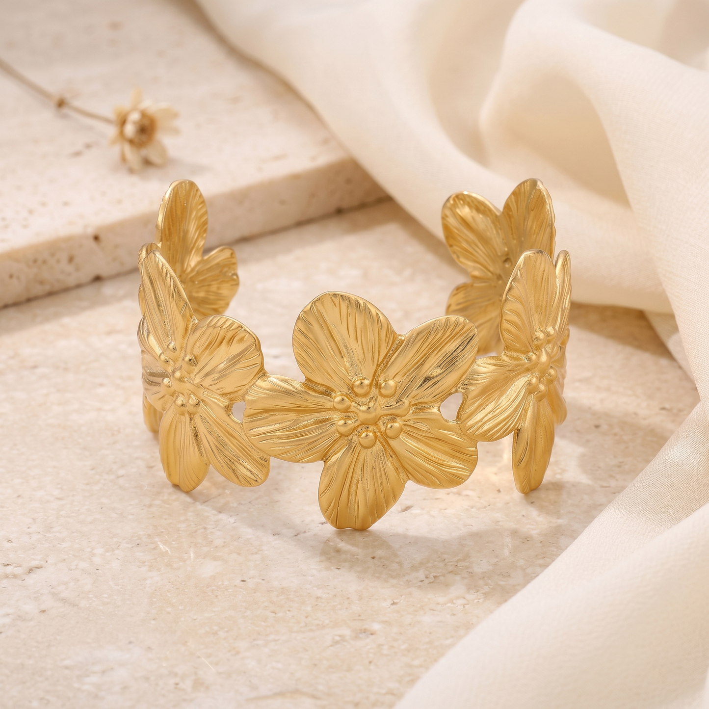 Gold Toned Brass Floral Cutout Cuff Bangle