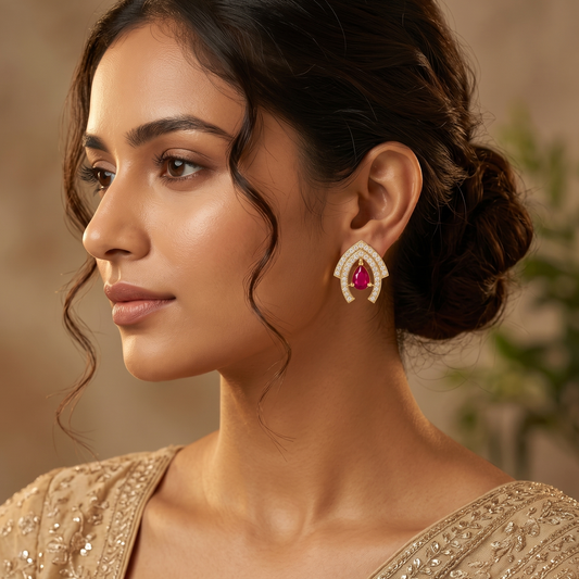 Gold-Tone Pear Ruby Stone Stud Earrings