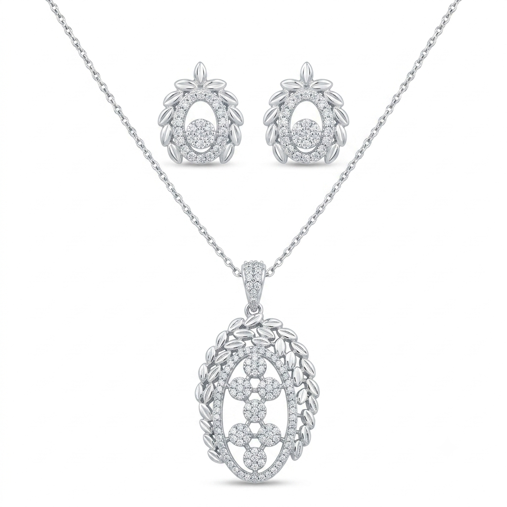Elegant Leaf-Motif Floral Stone Pendant Set