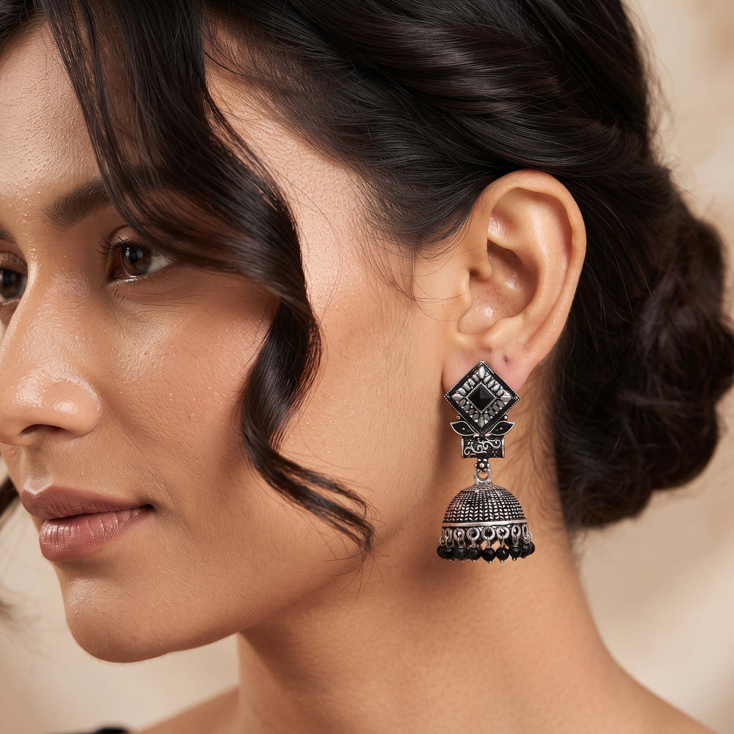 Black Stone Accent Jhumka Earrings