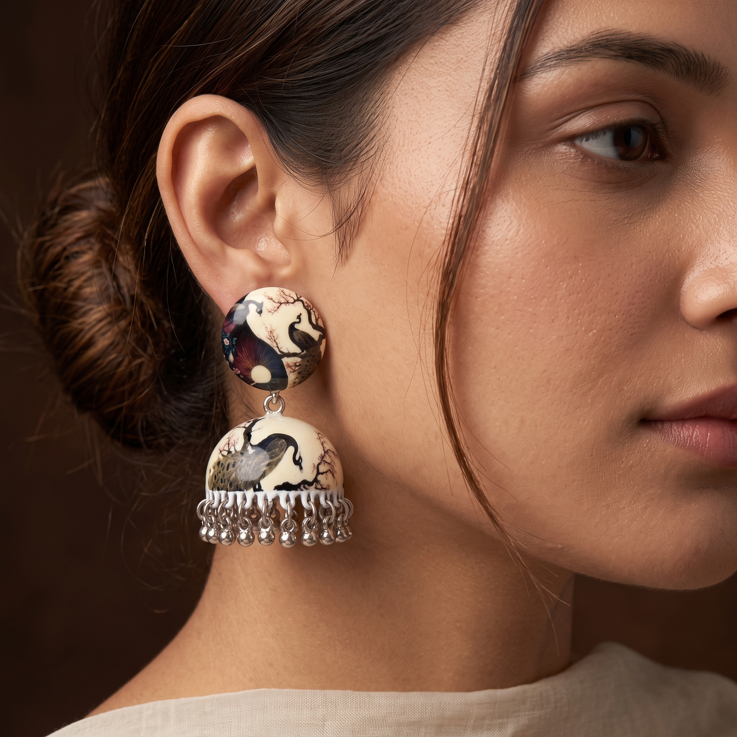 Silver Toned Brass Peacock Print Jhumka Earrings