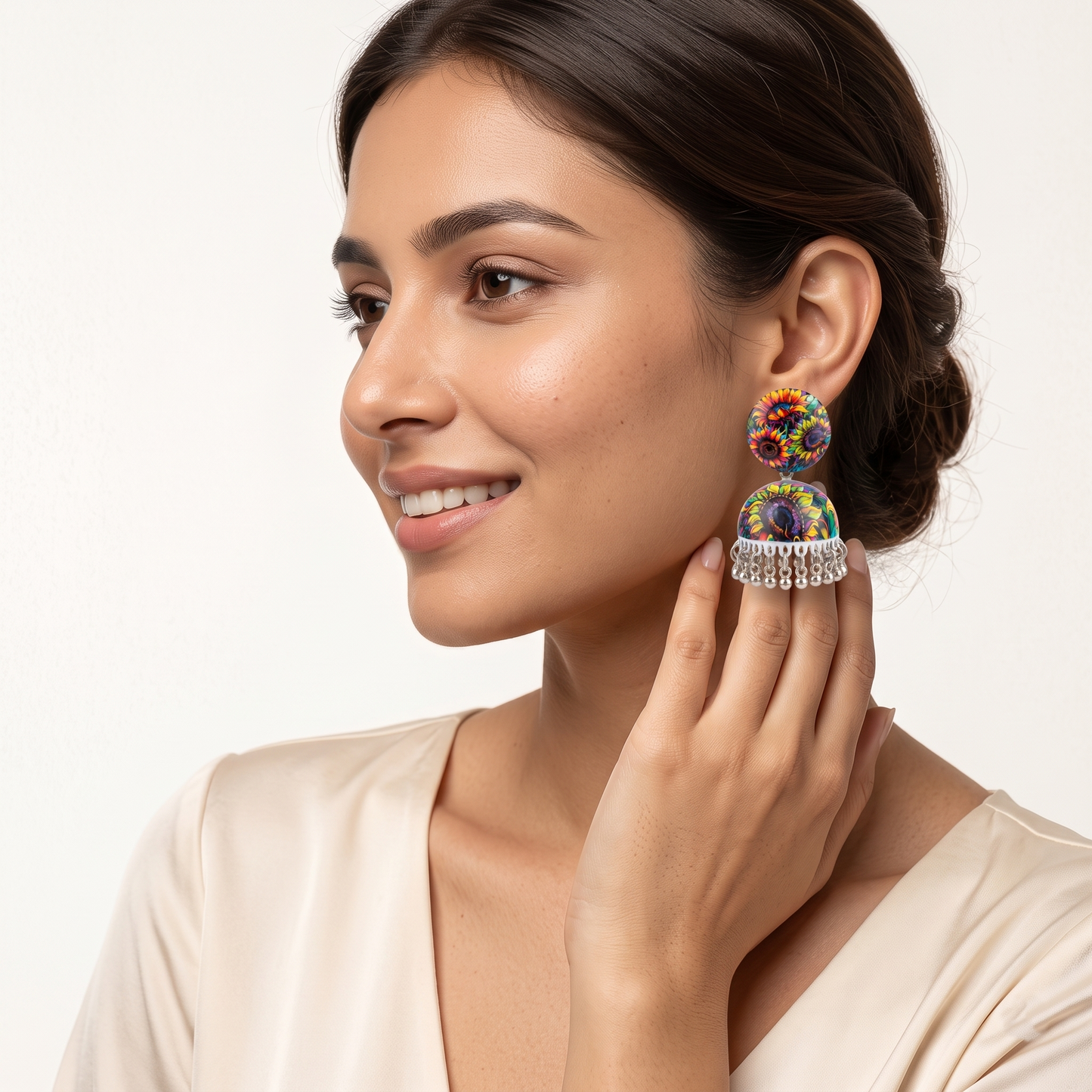 Silver Toned Brass Multicolor Sunflower Print Jhumka Earrings