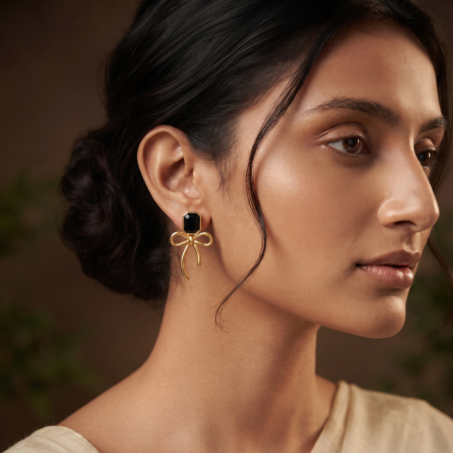 Gold Plated Brass Black Gem Bow Drop Earrings