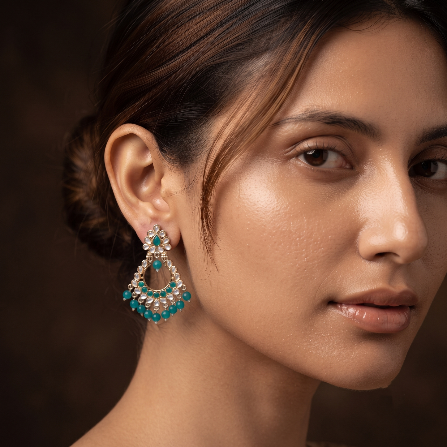 Teal White Stone Chandbali Earrings